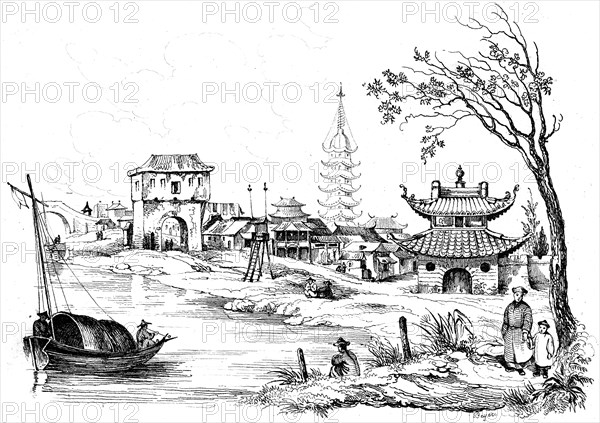 Faubourg d'une ville en Chine-1834