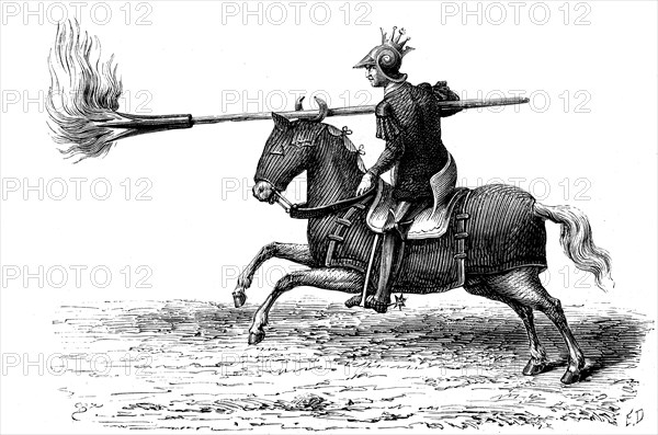 An armoured horseman with his fire lance. Invented by Alexander the Great
Les merveilles de la science ( Figuier )   1869