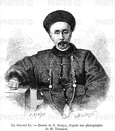 1823-1901, Li Hongzang, Viceroy of Zhili, at the imperial Court of China. Design by E. Ronjat. 1873                  ( Le Tour du Monde ) 1873
