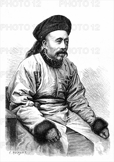 Owene-Siang, chinese statesman in foreign affairs,member of Han-Line Academy.Vice President of The Chinese empire Great Council. 1873
Desing by E. Ronjat                 Le Tour du Monde 1873
