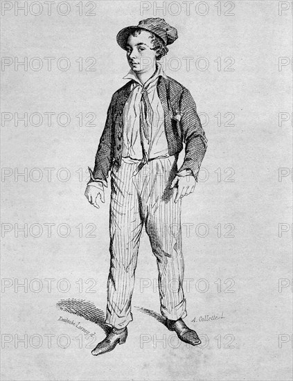 1820-1896, the french actor Charles Perey,in the play " The 3 kids " Design
by Eustache Lorsay. 1853