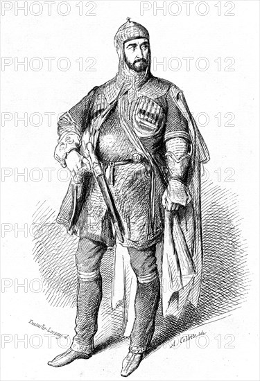 1807-1875,Etienne Marin Melingue,french actor,painter and sculptor.In the
play " Schamyl " Design by Eustache Lorsay,Lithographer : Alexandre Collette.
1850