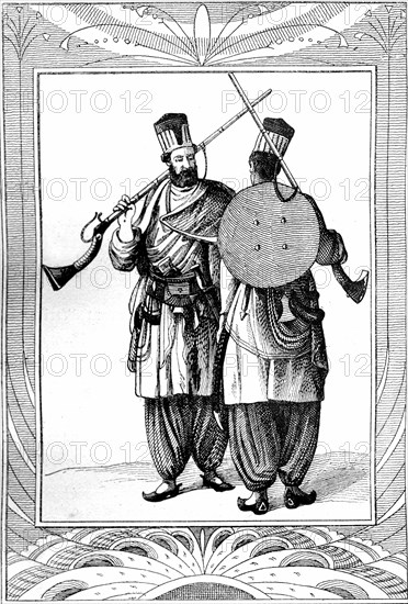 Beloutchistan warriors. From Artwork by Jules Verne " Travellers from the XIX th century " published in 1880 ( Fac-simile from an old engraving )
1880