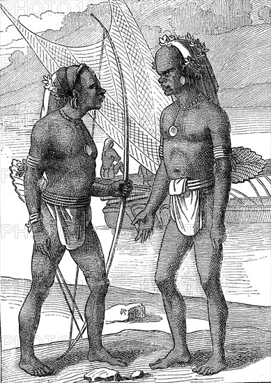 Natives from Vanikoro island. Pacific ocean. From " Travellers of XIXth century  " by Jules Verne.Fac simile from 1880