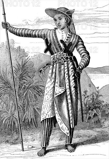 Warrior from Java.Artwork by Jules Verne " Travellers in the XIXth century " 1880                    ( Fac-simile )