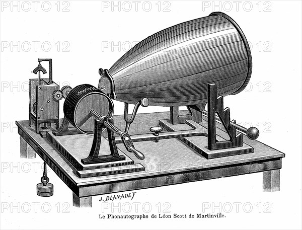 The phonautograph by Leon Scott de Martinville.Invented in  1853. The french inventor ( born 1817-1879 )Book " Physique Populaire " by Emile Des-
beaux. Paris 1891