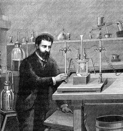Electric energy.Electrolysic of hydrofluoric acid. Fluorine insulation.
" Physique populaire " by Emile Desbeaux. Paris 1891