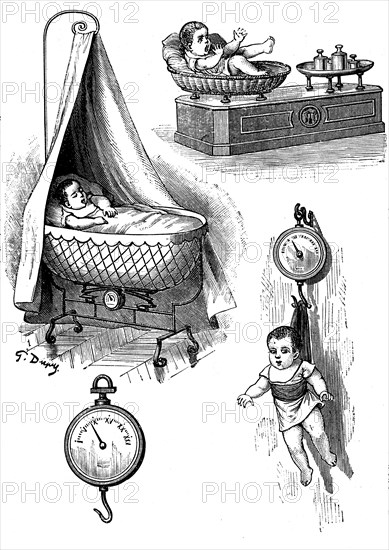 The baby health. Weighing the baby." Illustrated medecine " by Dr. Gerard
1887