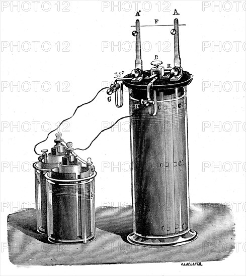 Accumulators. Fig 1 : Charging batteries. Fig 2 : Large glass vase containing lead leaves.  From artwork " Physique populaire " by Emile Desbeaux. Paris
1891