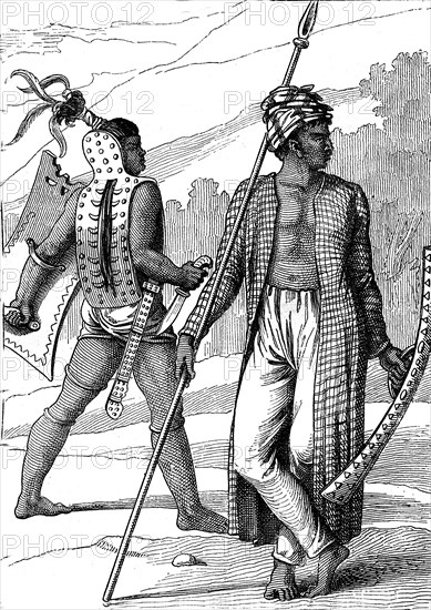 Warriors of the Ombay island and the Guébè island , near Timor island.Travel
by Louis de Freycinet, french navigator. Paris 1880