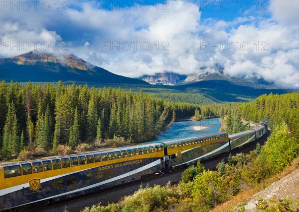 Rocky Mountaineer train at Morant's curve near Lake Louise in the Canadian Rockies Banff national Park Alberta Canada