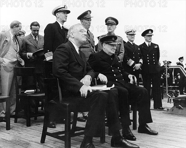 ATLANTIC CHARTER  Presidert Roosevelt and Winston Churchill on HMS Prince of Wales 12 August 1941 - see Description below