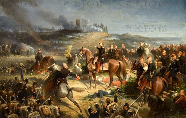The decisive moment of the battle of Solferino: 12.00 am on June 24th 1859. Napoleon III ordered Marshal Regnaud to engage in combat the division of the thugs of the imperial guard, in support of the D'Alton brigade.