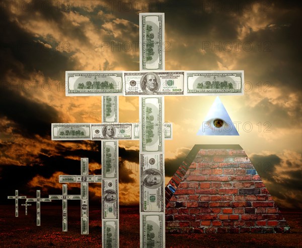 New world order money religion concept and sign of illuminati