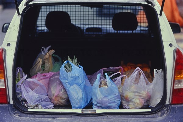 Car boot/trunk full of grocery shopping, market day, Loule, Algarve region, Portugal