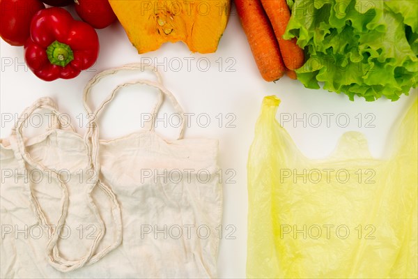 Zero waste concept. Woven bag vs plastic bags.