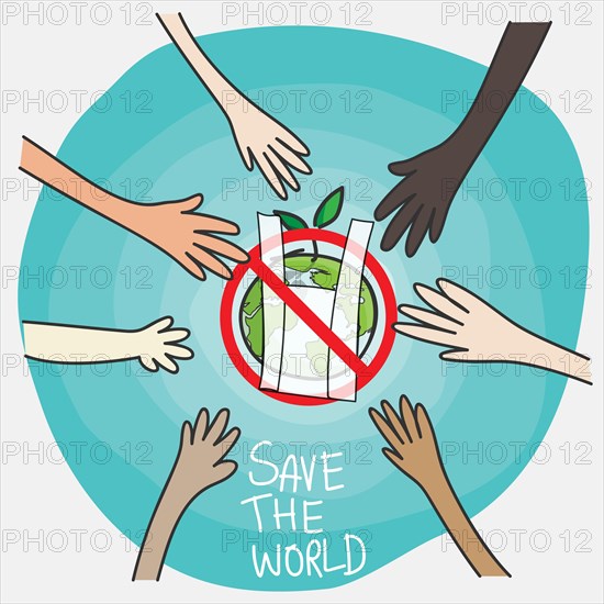 say no to plastic bags concept, cartoon style. cooperation of people in different nationalities with signage for stop using disposable polythene packa
