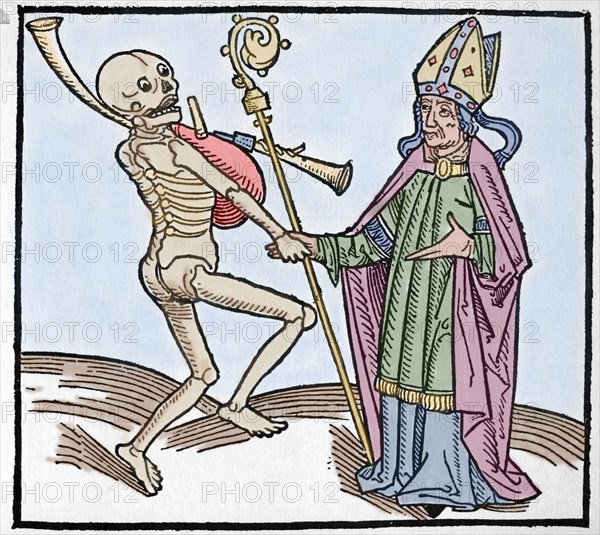 Dance of Death. Allegory of universality of the death. Colored engraving.