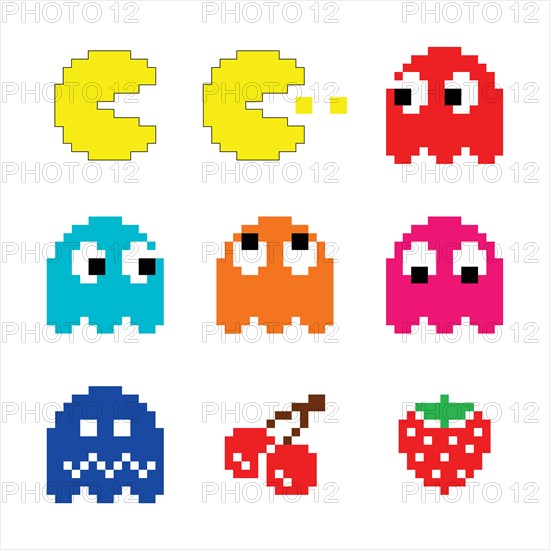 Pacman and ghosts 80's computer game icons set