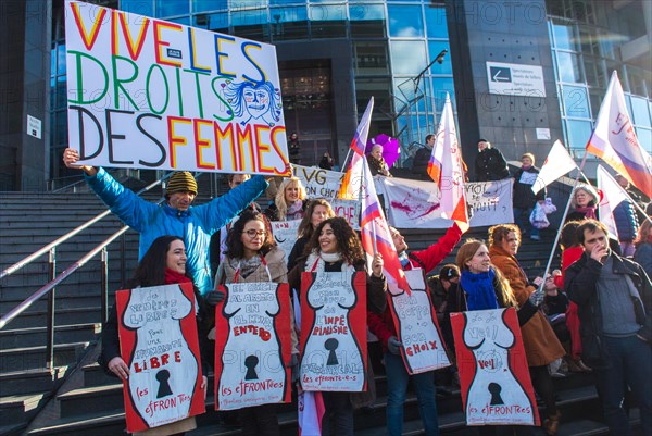 Paris, France, French N.G.O.'s Groups, Feminist Demonstration in Honor of 40th Anniversary of Abortion Law Legalization, Holding French protest poster, women rally