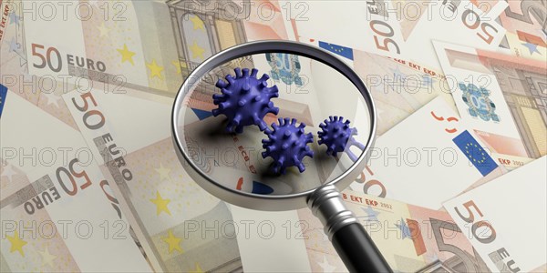 Coronavirus COVID 19 global economy finance crisis concept. Medical magnifying glass on virus strains, euro banknotes background. Covid19 research mon