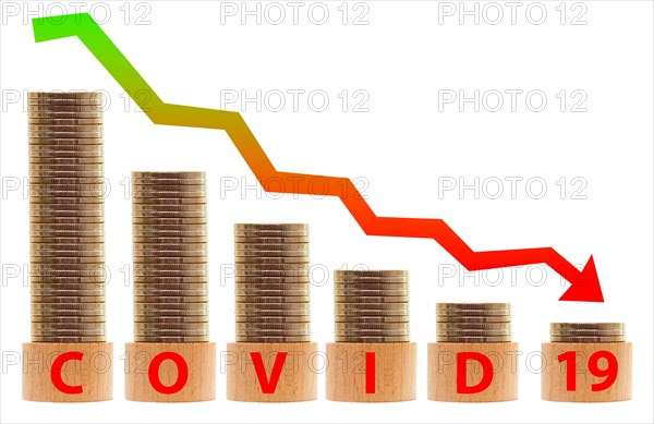 business graph in crisis with money decreasing value. Coronavirus or Covid 19 virus concept