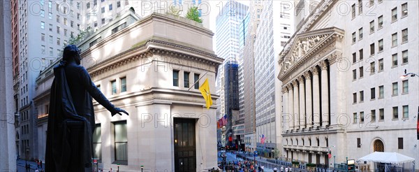 Wall Street New York Stock Exchange panorama in Manhattan, New York City.
