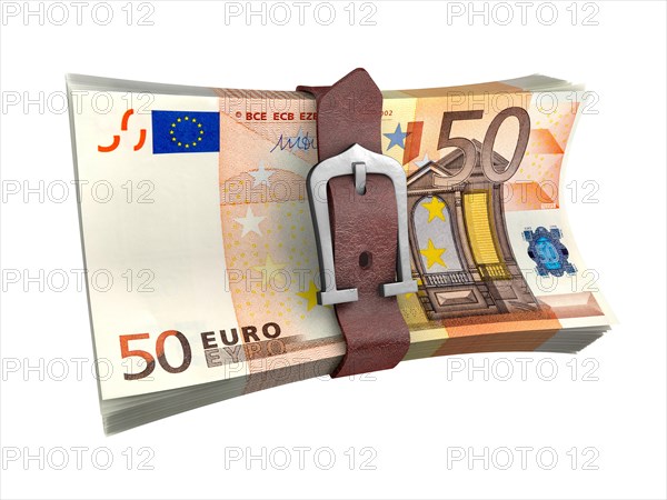 Belted stack of euro money banknotes. Stack of euro money with leather belt. Crisis concept 3d illustration.