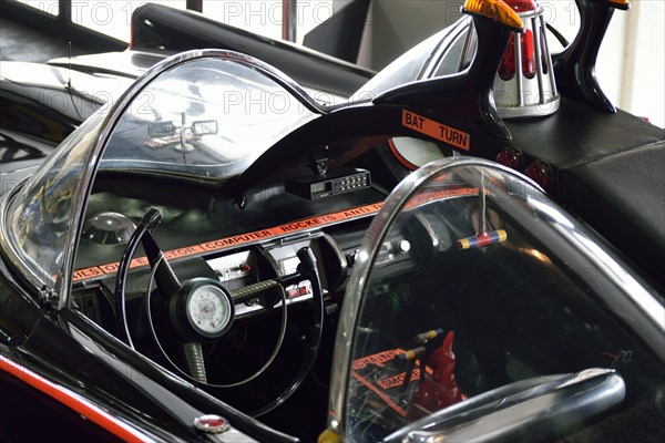 The interior of the original Batmobile for the TV series featuring Adam West and Burt Ward