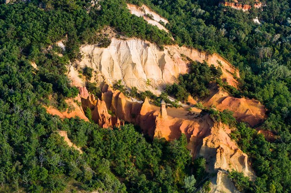 Aerial image ochre quarry of the Colorado ProvenÃ§ale at Roussillon, Rustrel