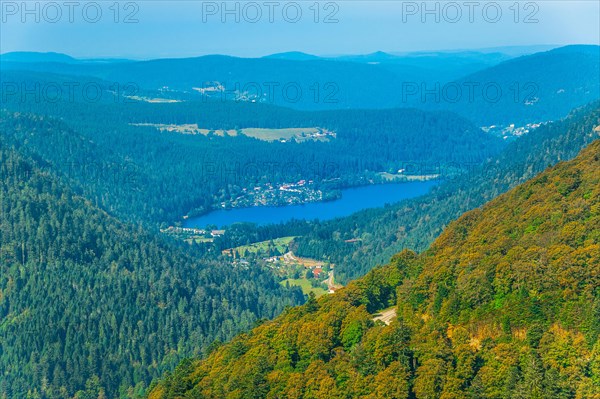 Lake Longemer at Xonrupt-Longemer, near GÃ©rardmer, seen from romantic road Route des CrÃªtes of the Vosges, Alsace, France