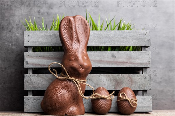 Traditional delicious Easter chocolate bunny and eggs