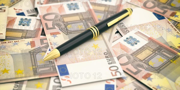 Ballpoint pen on euro banknotes background. 3d illustration