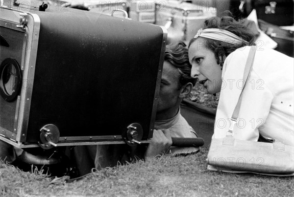 Summer Olympics 1936 - Germany, Third Reich - Olympic Games, Summer Olympics 1936 in Berlin. German film director and actress Leni Riefenstahl with cameraman Walter Fentz (?) in the Olympic arena -  during the filming of " Olympia ".  Image date August  1936. Photo Erich Andres