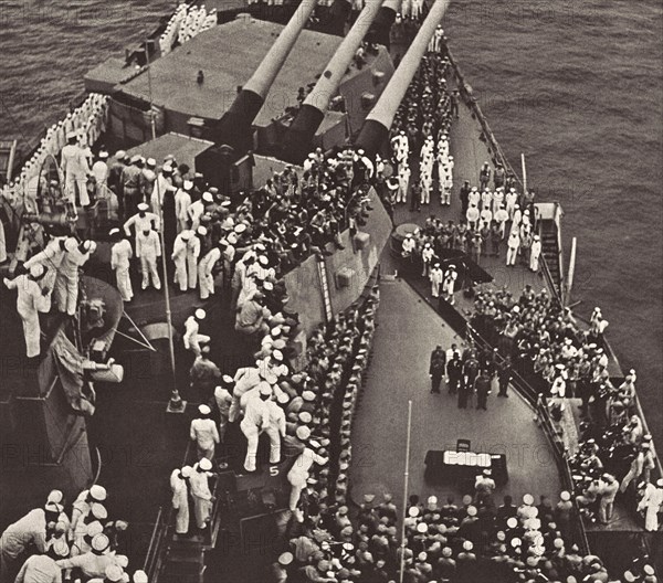 The end of a great dream. Sailors of the US Missouri battleship (USS Missouri are watching the start of the surrender ceremony of Japan after its defe