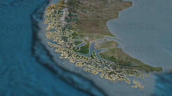 Zoom in on Magallanes y Antártica Chilena (region of Chile) outlined. Oblique perspective. Satellite imagery. 3D rendering