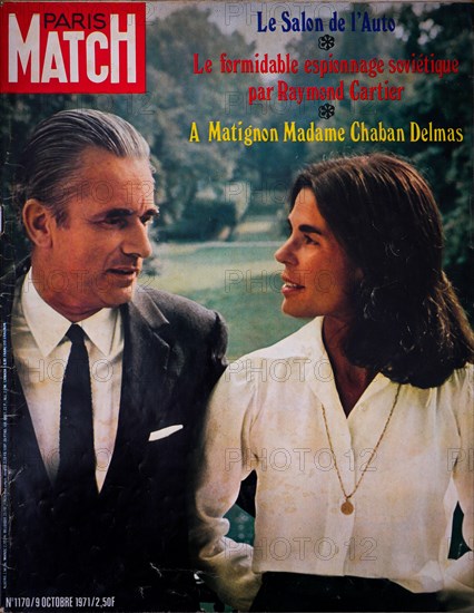 Frontpage of French news and people magazine Paris-Match, n° 1170, Jacques Chaban-Delmas, new french Prime Minister, poses with his wife, 1971, France