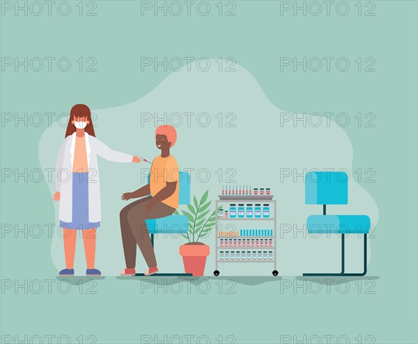 Man vaccination and doctor with mask against 2019 ncov virus vector design