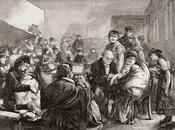 The District Vaccinator, after an 1871 woodcut by E. Buckman .  A doctor inoculates a crying child being held by its mother in a dispensary in London’s East End.  In the United Kingdom the Vaccination Act of 1840 provided for free vaccinations for the poor.