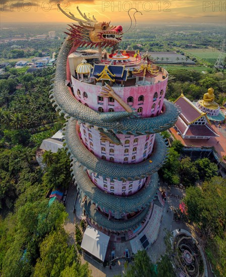 Bangkok, Thailand 10 February 2020: Aerial view of Wat Samphran Dragon Temple in the Sam Phran District in Nakhon Pathom province near Bangkok, Thaila