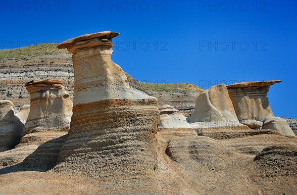 Hoodoos at the Badlands in Drumheller, Alberta, Canada, North America. Horizontal format