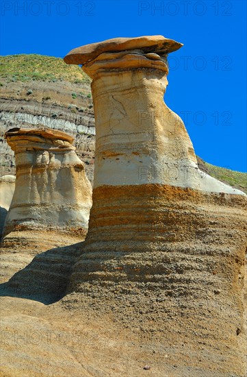 Hoodoos at the Badlands in Drumheller, Alberta, Canada, North America. Vertical format