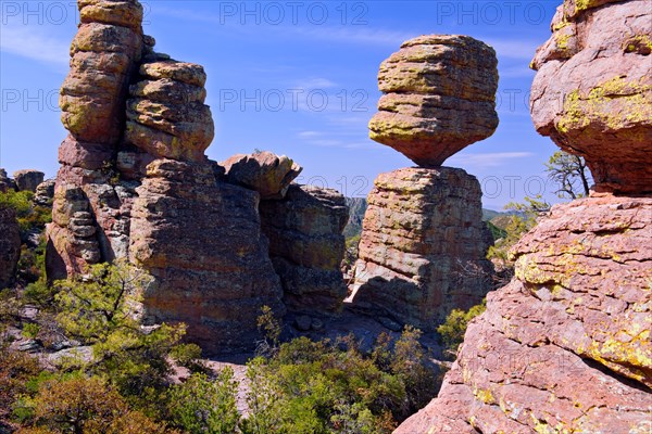 Big Balanced Rock is one of countless lichen covered rock pinnacles in Arizona's remote Chiricahua National Monument.