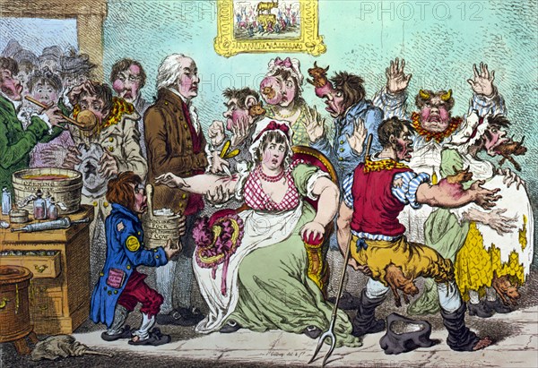 Vaccination scene, Dr. Jenner vaccinating frightened young woman, and cows emerging from different parts of people's bodies