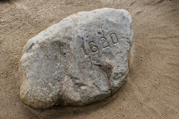 Plymouth Rock marking the site of the 1620 landings of the pilgrims on the Mayflower