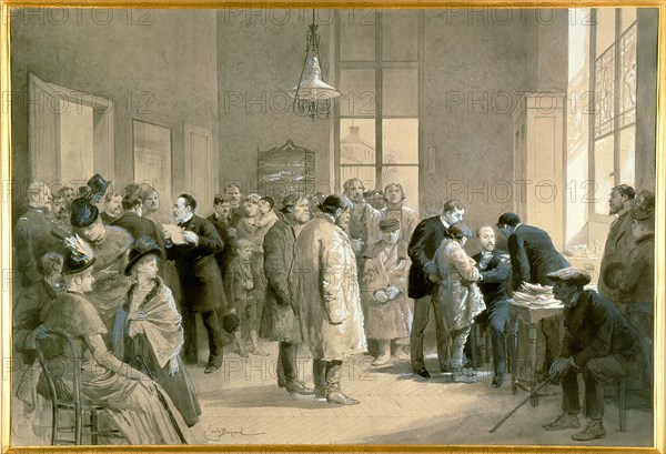 Patients bitten by rabid dogs being inoculated against hydrophobia at the laboratory of the Ecole Normale, Paris, 1886, Louis Pasteur is on right of group on left holding sheets of paper. Painting by Emile Bayard (1837-1891).