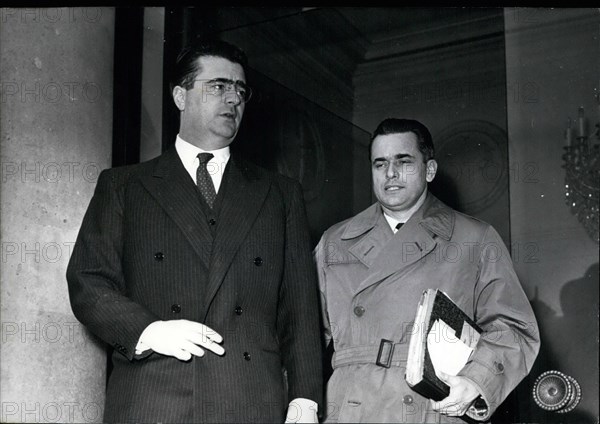 Feb. 24, 2012 - Cabinet Meeting: Important problems discussed. M. Felix Gaillard, Prime Minsiter (right) and M. Chaban-Delmas, Defence Minister, leaving the Elysee after the cabinet meeting today. Jan. 15/58