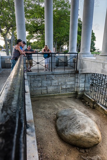 Plymouth Rock Portico containing the Plymouth Rock, the stone onto which the Mayflower Pilgims disembarked in 1620. Massachusett