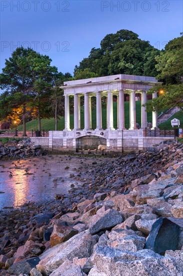 The monument containing the Plymouth Rock, the stone onto which the Mayflower Pilgims disembarked in 1620. Massachusetts - USA.