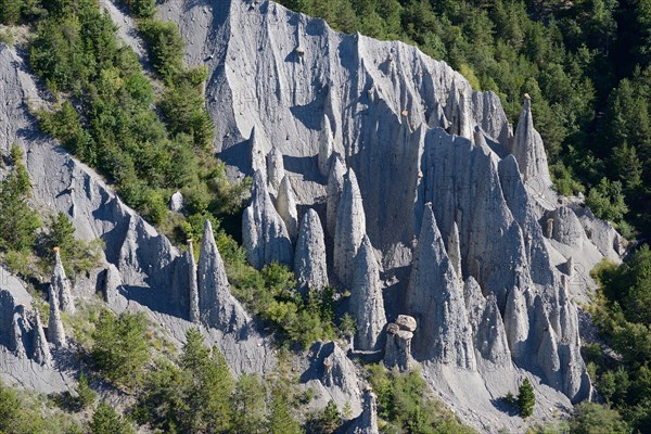 HOODOOS IN A FOREST (aerial view). Théus, Hautes-Alpes, France.